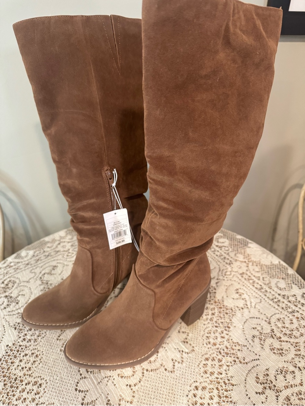 Women's Brown Suede Knee-High Block Heel Boots
